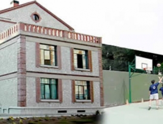  two children playing basketball next to a large house 